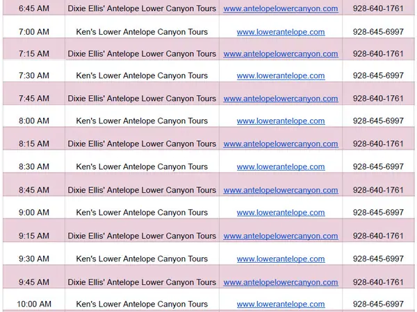 2026 Lower Antelope Canyon tour timetable with times, companies, websites, and phone numbers.