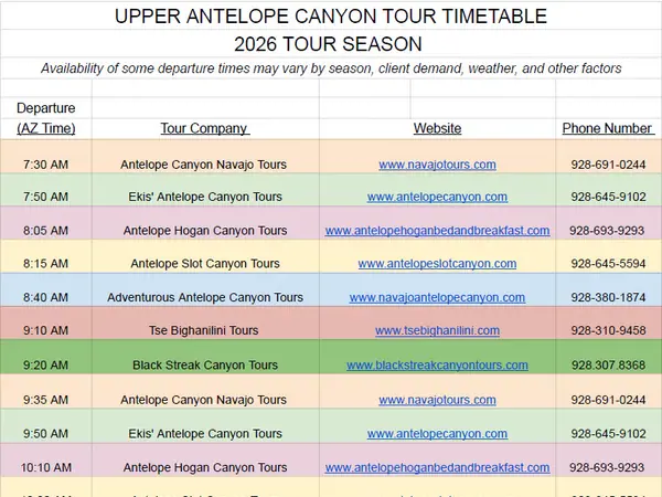 2026 Upper Antelope Canyon tour timetable with times, companies, websites, and phone numbers.