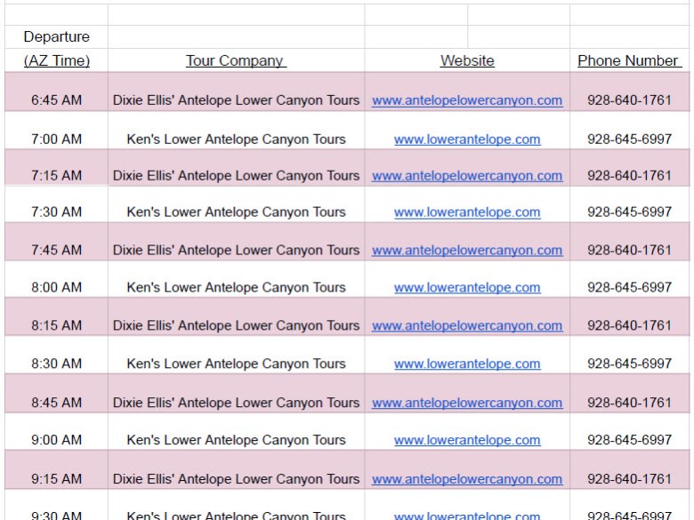 2026 Lower Antelope Canyon tour timetable with times, companies, websites, and phone numbers.