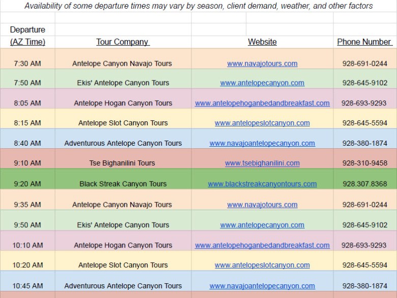 2026 Upper Antelope Canyon tour timetable with times, companies, websites, and phone numbers.